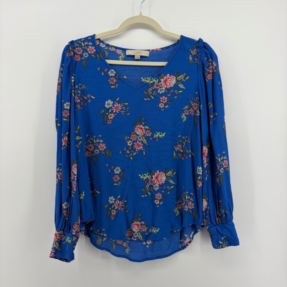 LOFT Blue Floral V Neck Long Sleeve Puff Sleeve Blouse Shirt Women's Size S - Picture 1 of 6